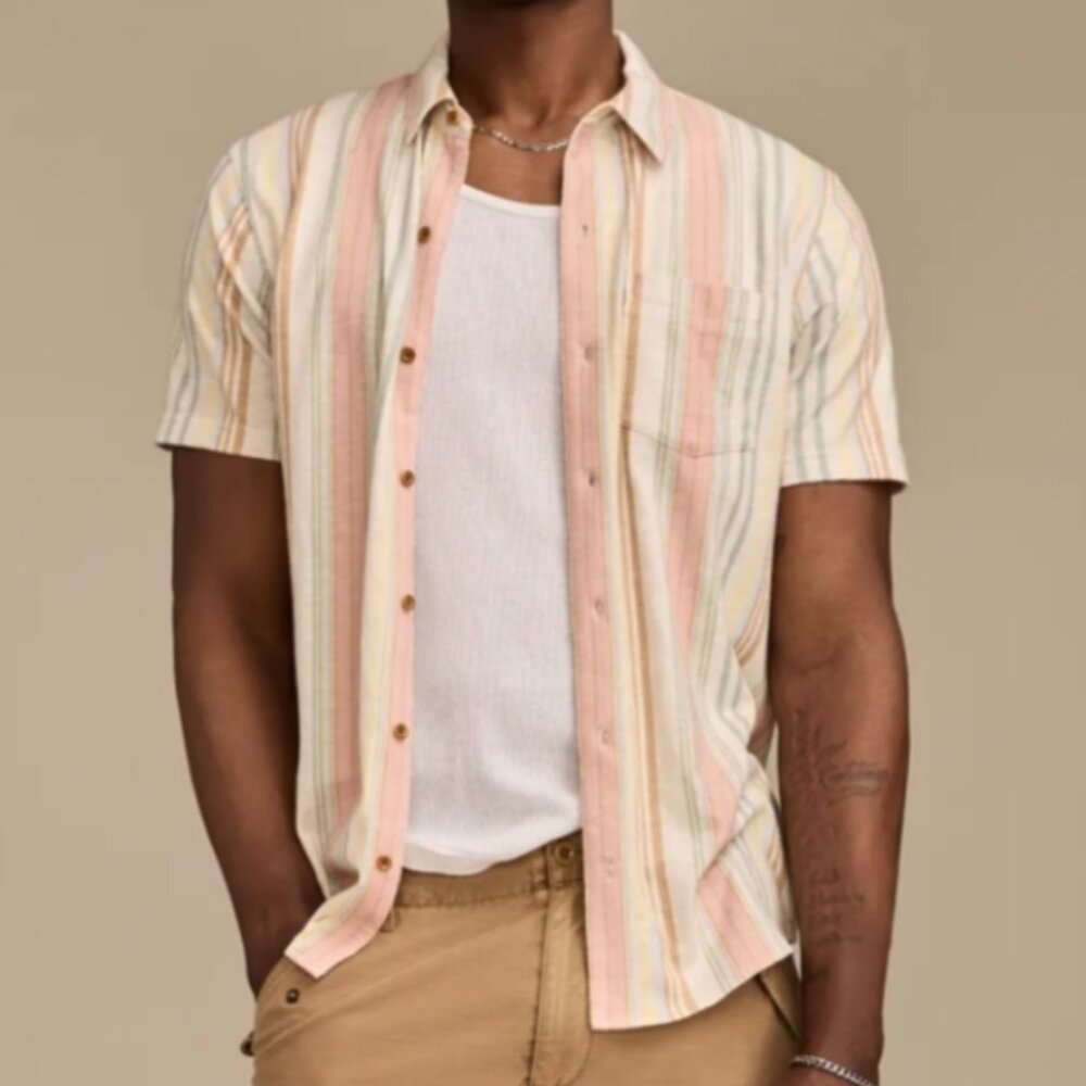 Men's Lucky Brand Soft Linen Blend Striped Short Sleeve Button Down Shirt NWT